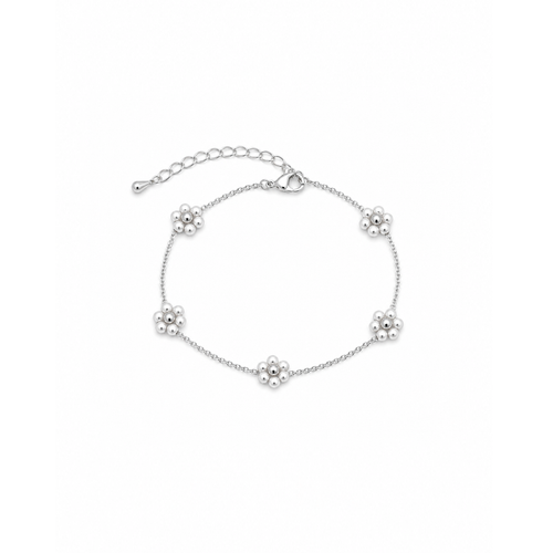 zilveren schakelarmband met bloemen van parels