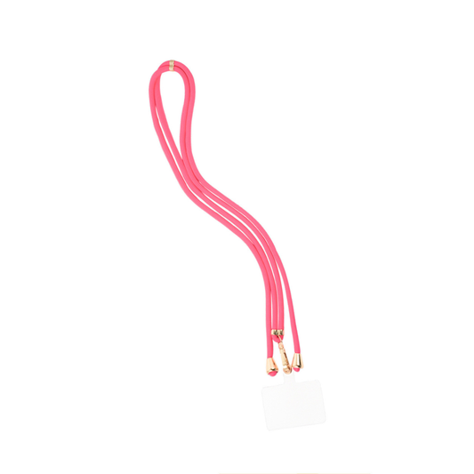 Zuurstokroze lang telefoonkoord rope met goudkleurige details en crossbody draagfunctie
