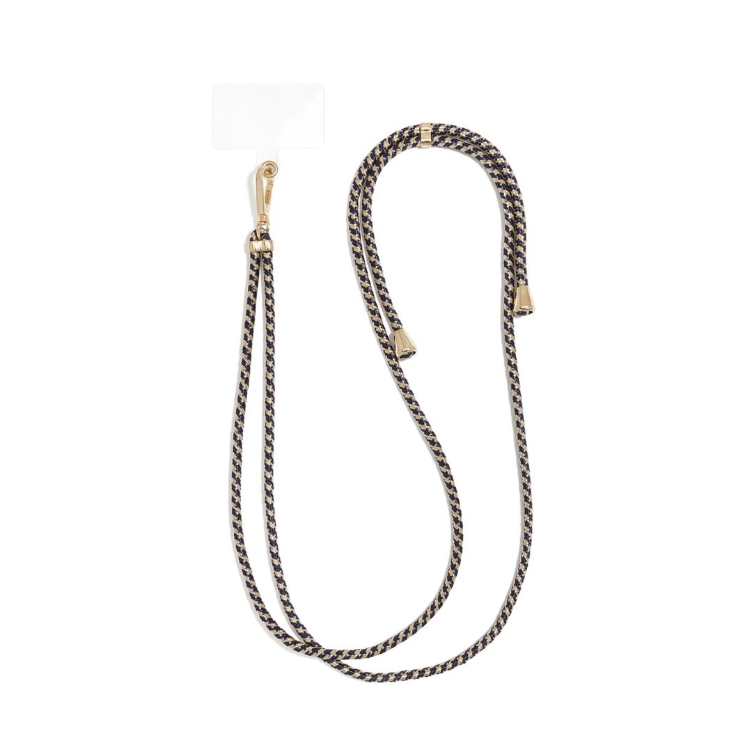Zwart-goud lang telefoonkoord van gevlochten touw met goudkleurige clips